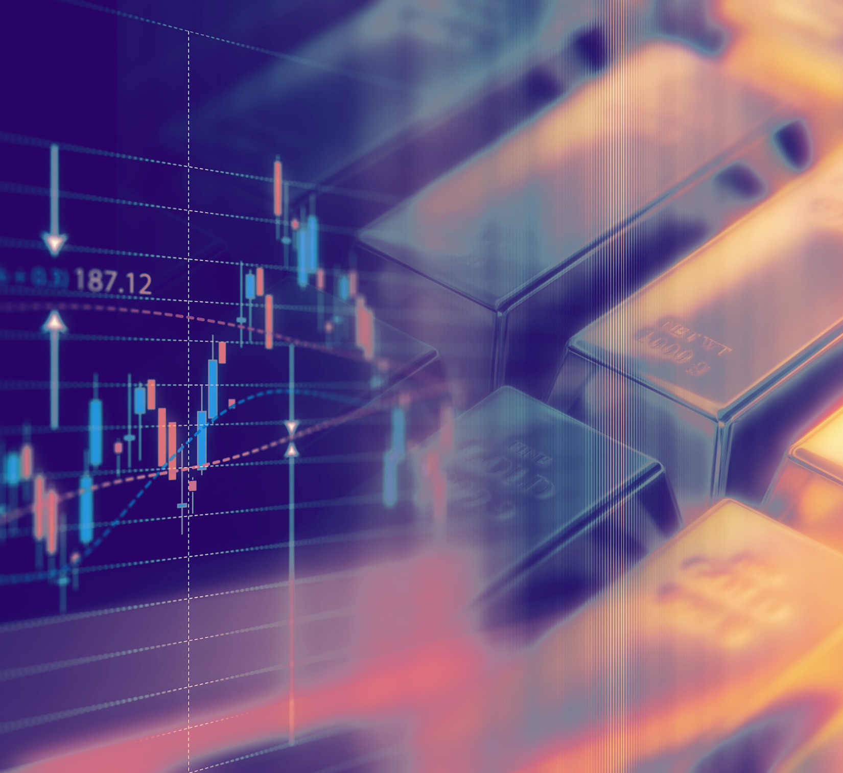 A stack of gold bars sits in the foreground, while a candlestick chart showing price fluctuations appears in the background. The chart is in shades of blue and orange, with a red line indicating a downward trend.